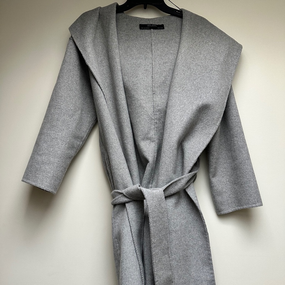 Zara Women's Grey Hooded Wrap Coat with Belt Closure